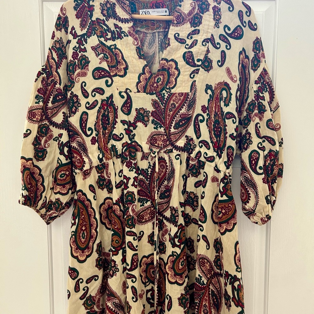 ZARA WOMAN'S COTTON PAISLEY MINI DRESS WITH TIE SIZE XS NWOT CINCH WAIST